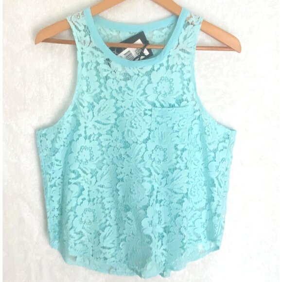size M aqua blue lace tank top CHASOR $69 new/nwt turquoise see through loose fi - Picture 1 of 5